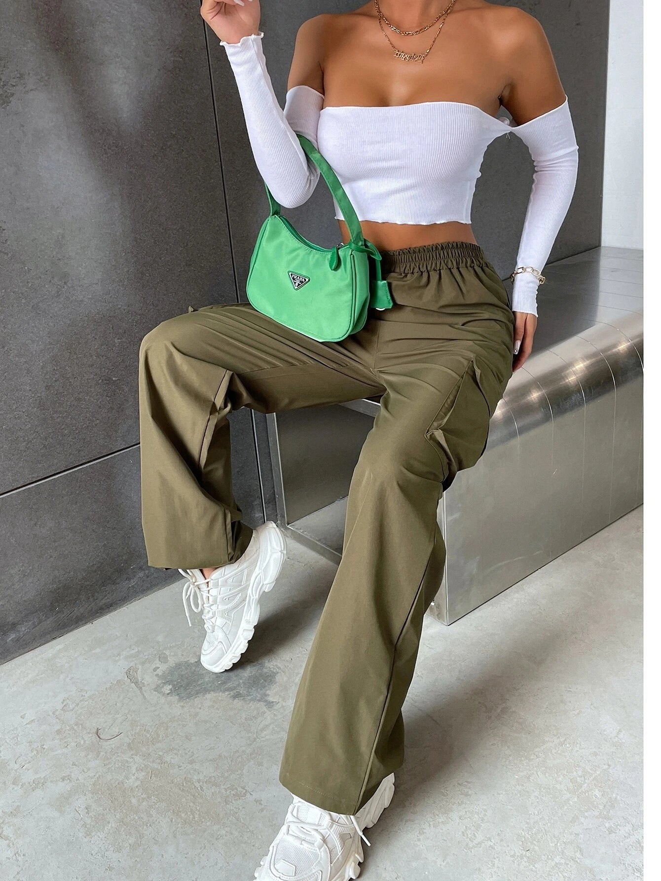 Pantalon Cargo Décontracté Taille Haute Coupe Large