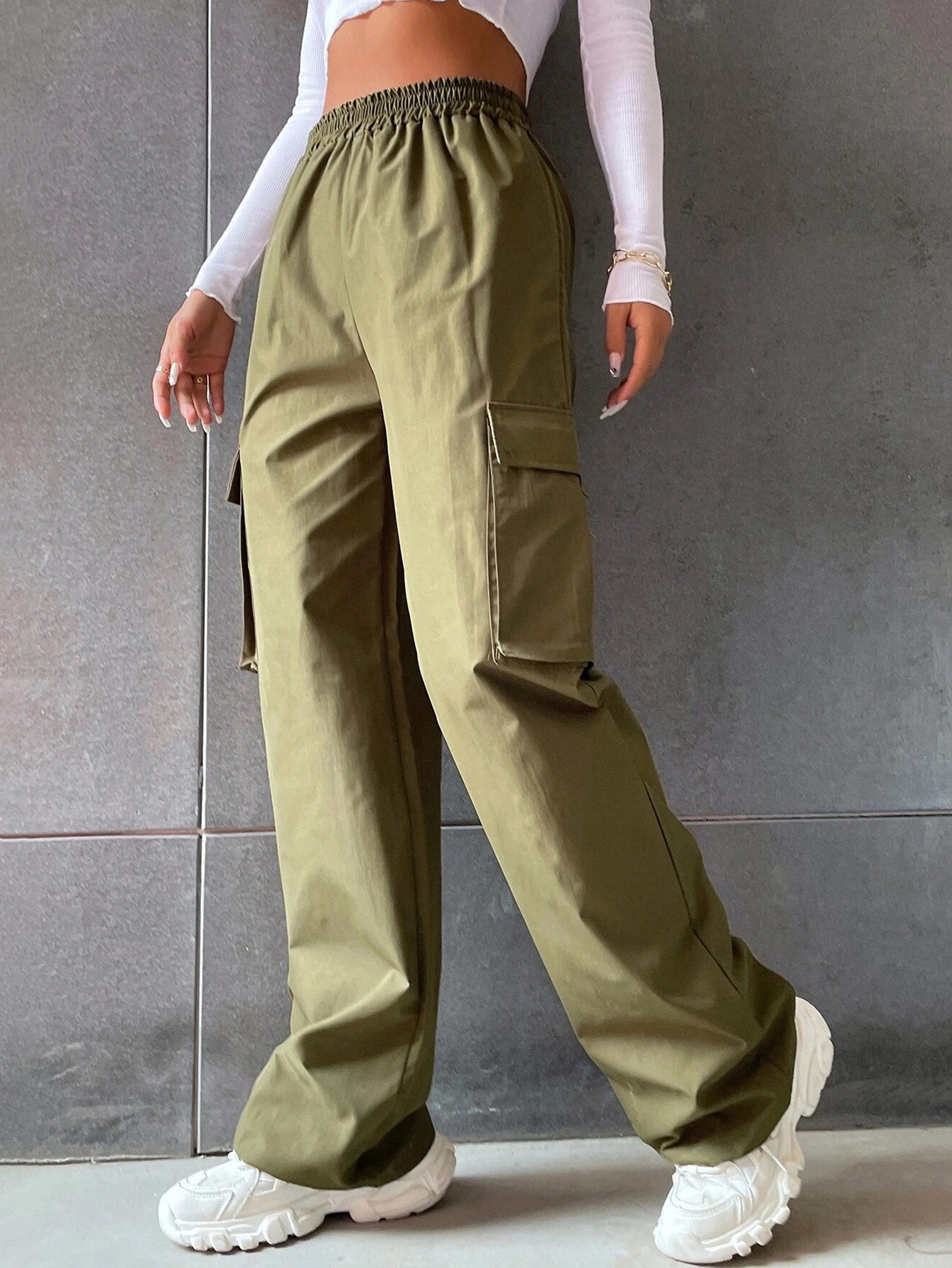 Pantalon Cargo Décontracté Taille Haute Coupe Large