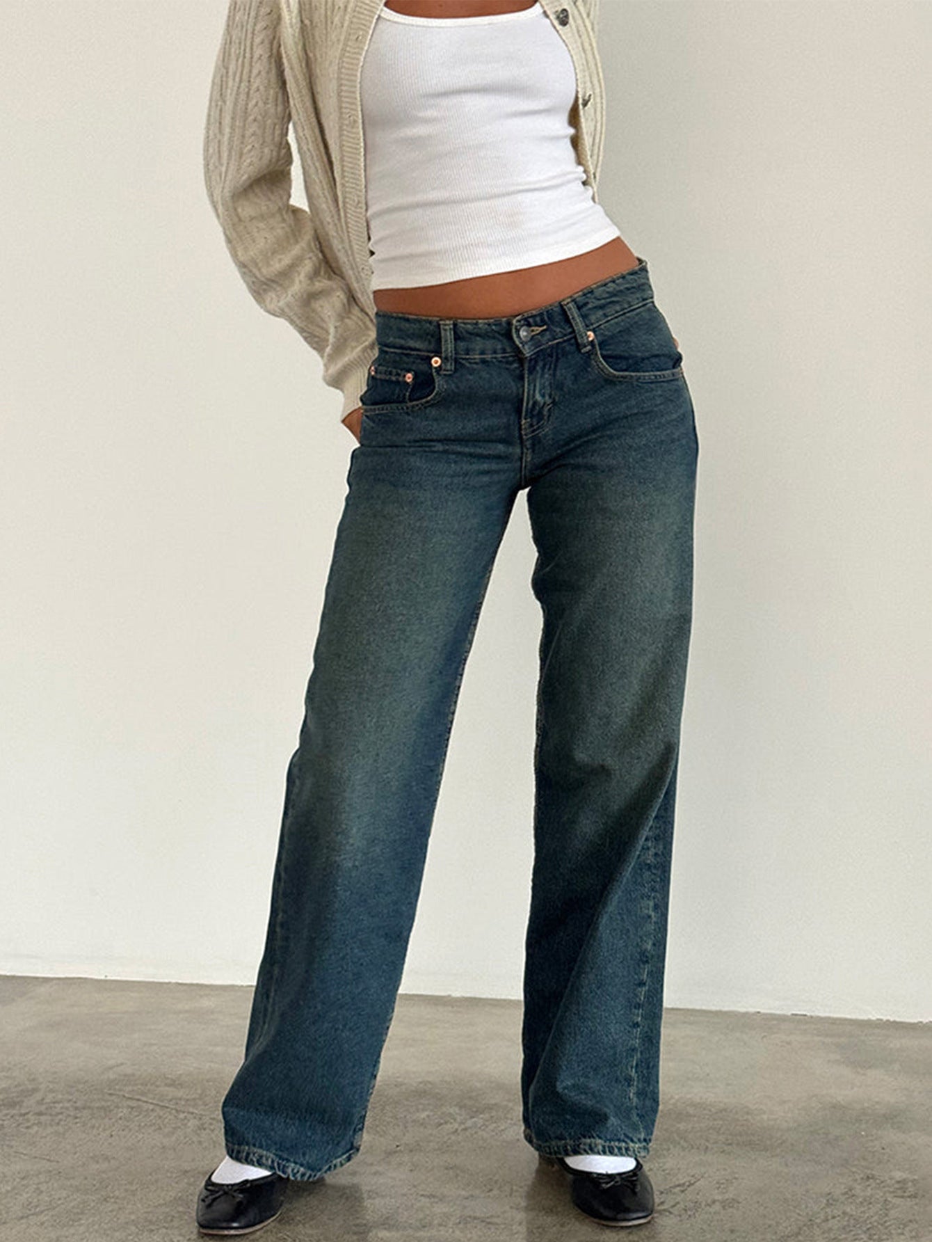 Jean Droit Taille Mi-Haute Coupe Large