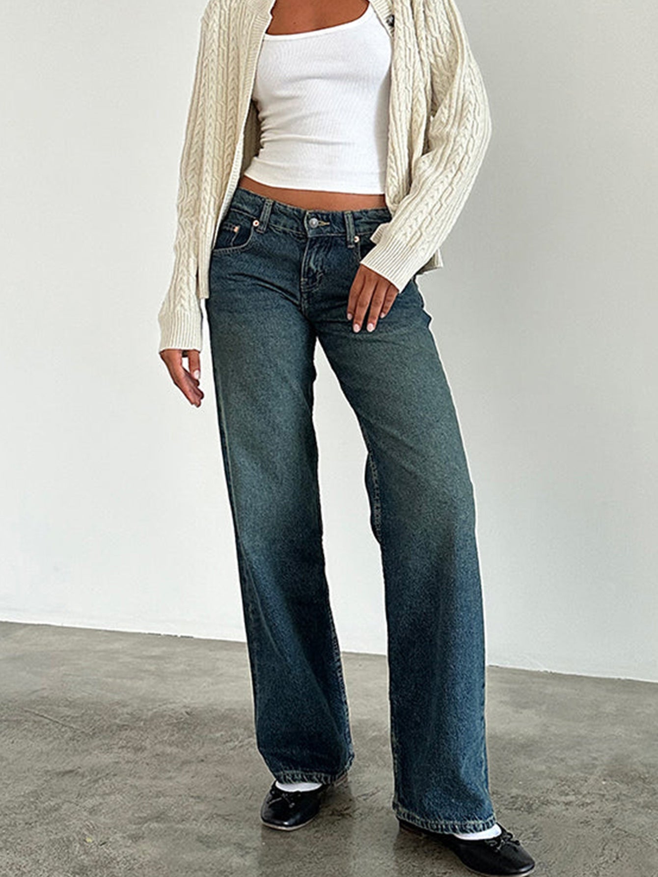 Jean Droit Taille Mi-Haute Coupe Large