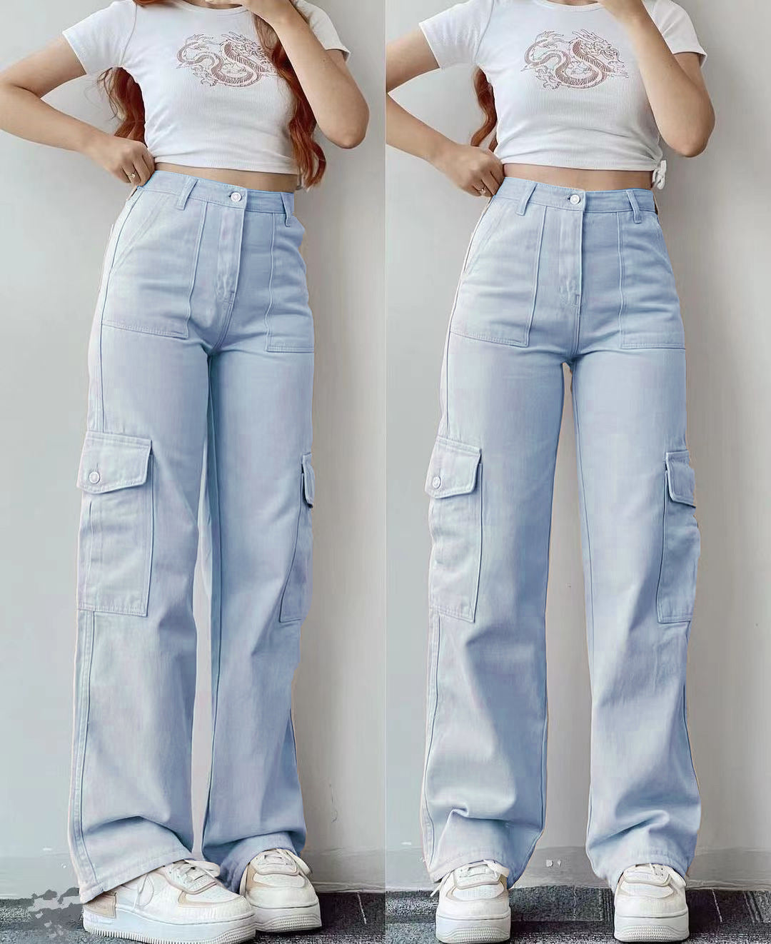 Pantalon Cargo Décontracté Taille Mi-Haute Coupe Large