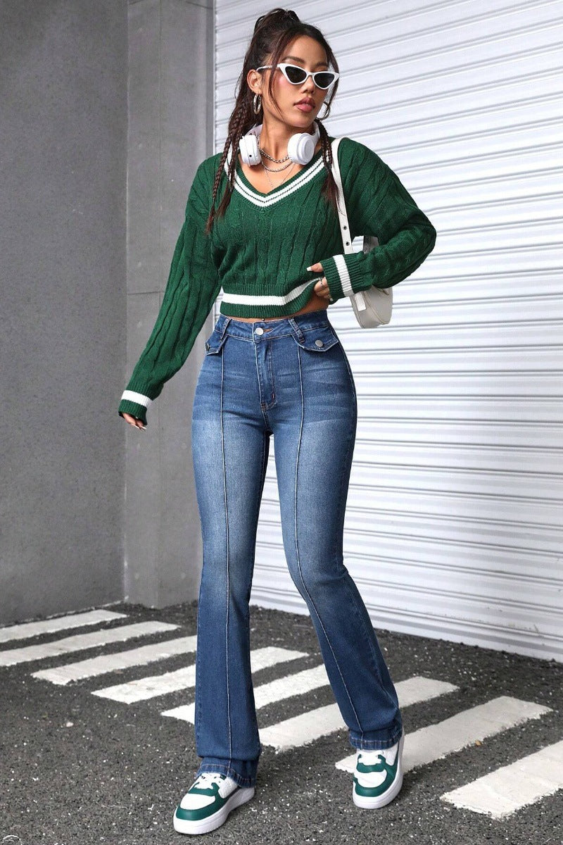 Jean Slim évasé Taille Haute Coupe Large