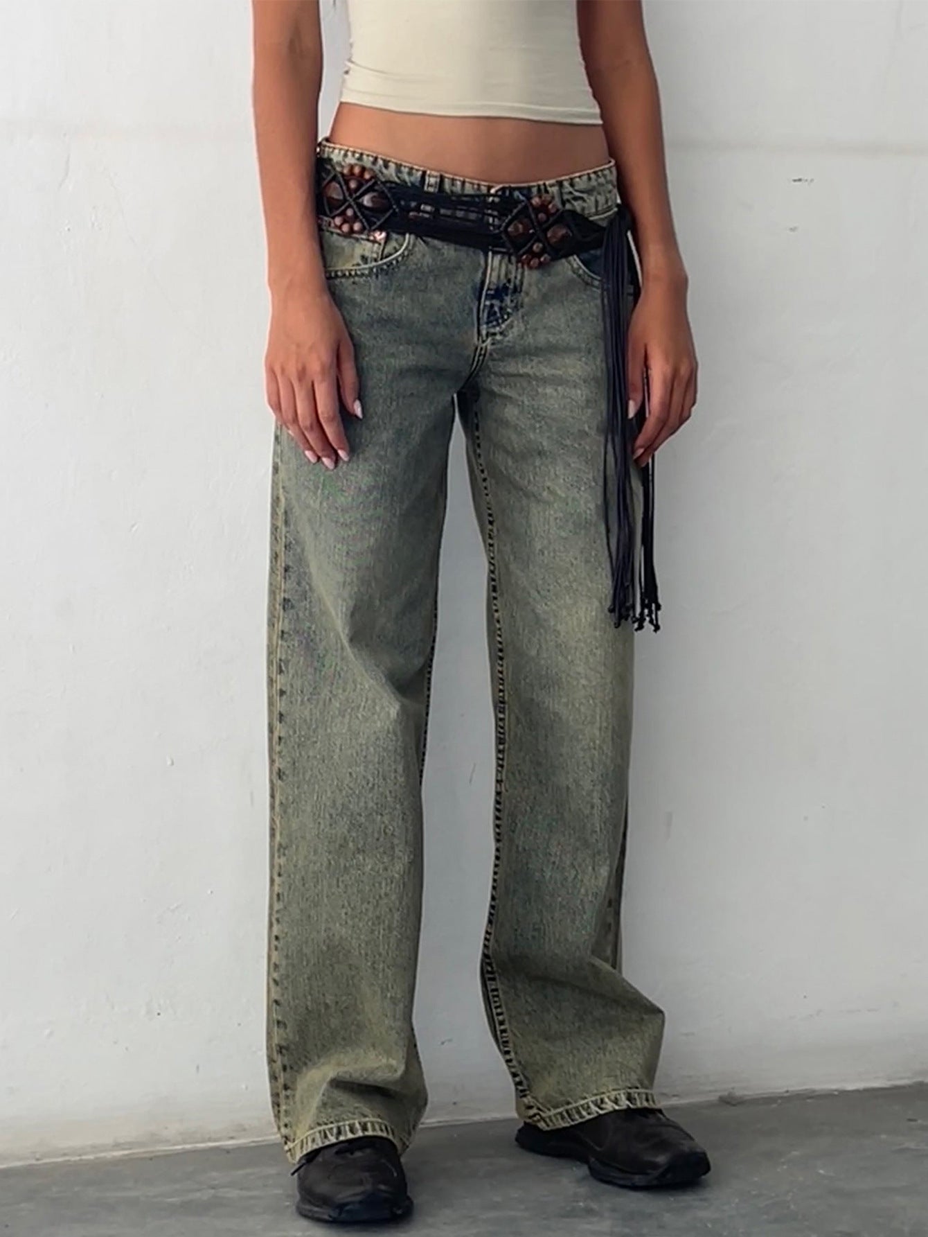 Jean Droit Taille Mi-Haute Coupe Large