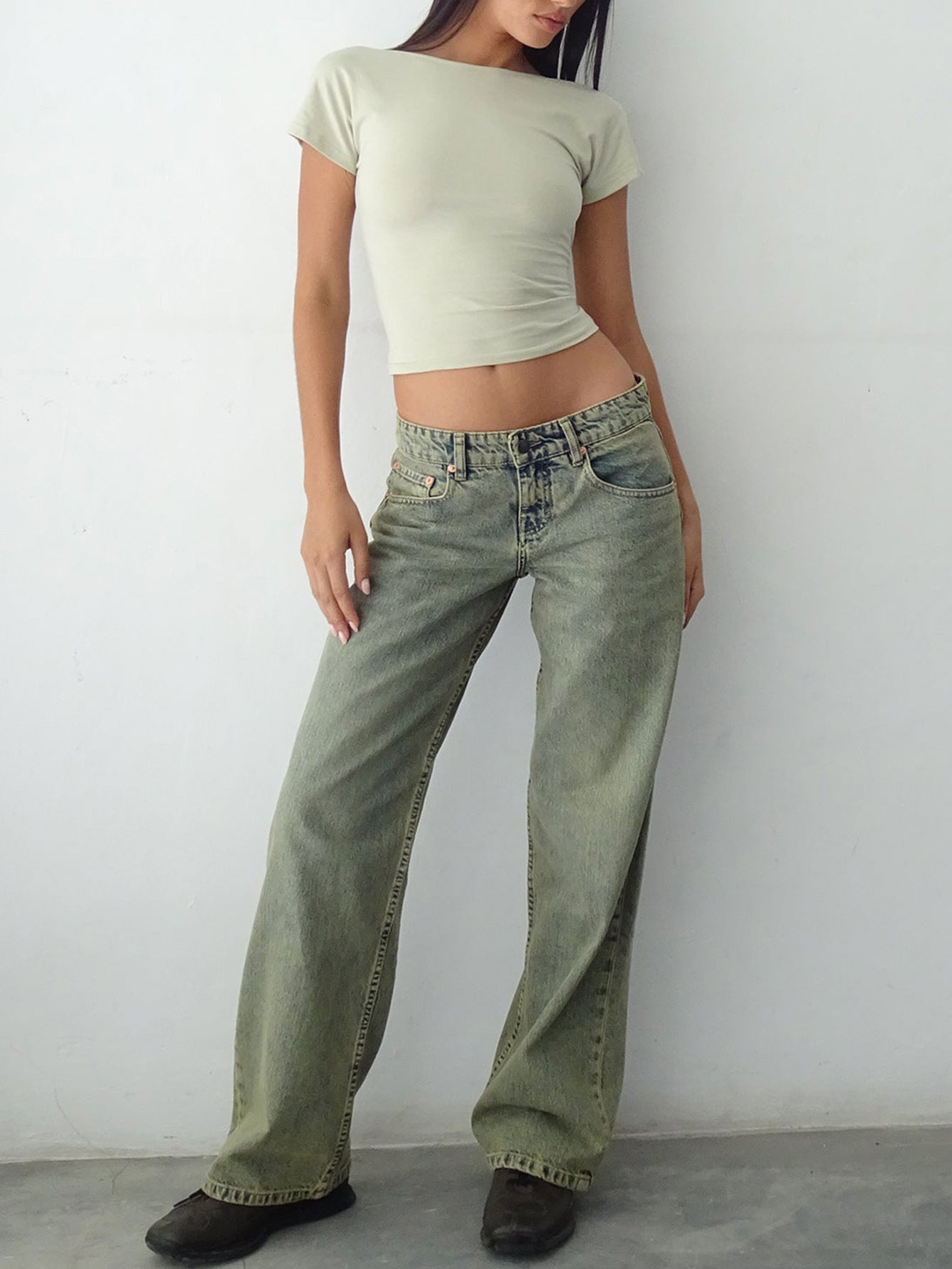 Jean Droit Taille Mi-Haute Coupe Large