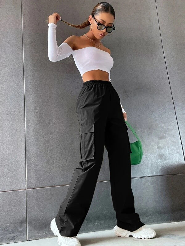 Pantalon Cargo Décontracté Taille Haute Coupe Large
