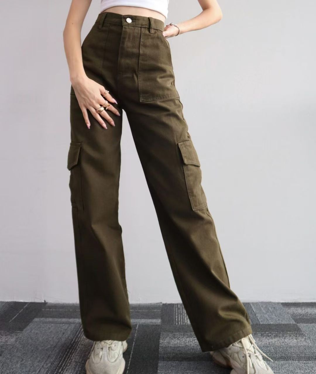 Pantalon Cargo Décontracté Taille Mi-Haute Coupe Large