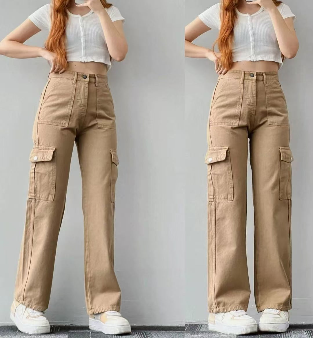 Pantalon Cargo Décontracté Taille Mi-Haute Coupe Large
