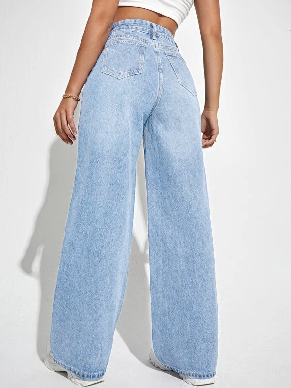 Jean Décontracté Taille Haute Coupe Large