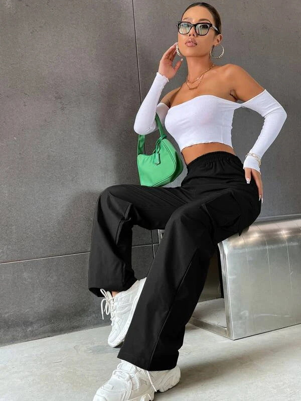 Pantalon Cargo Décontracté Taille Haute Coupe Large