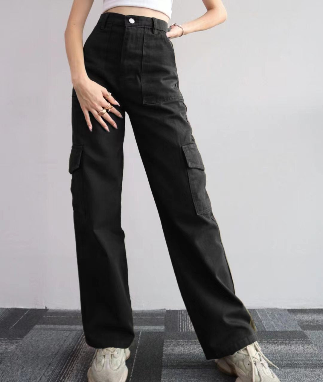 Pantalon Cargo Décontracté Taille Mi-Haute Coupe Large