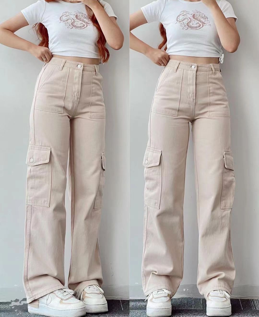 Pantalon Cargo Décontracté Taille Mi-Haute Coupe Large