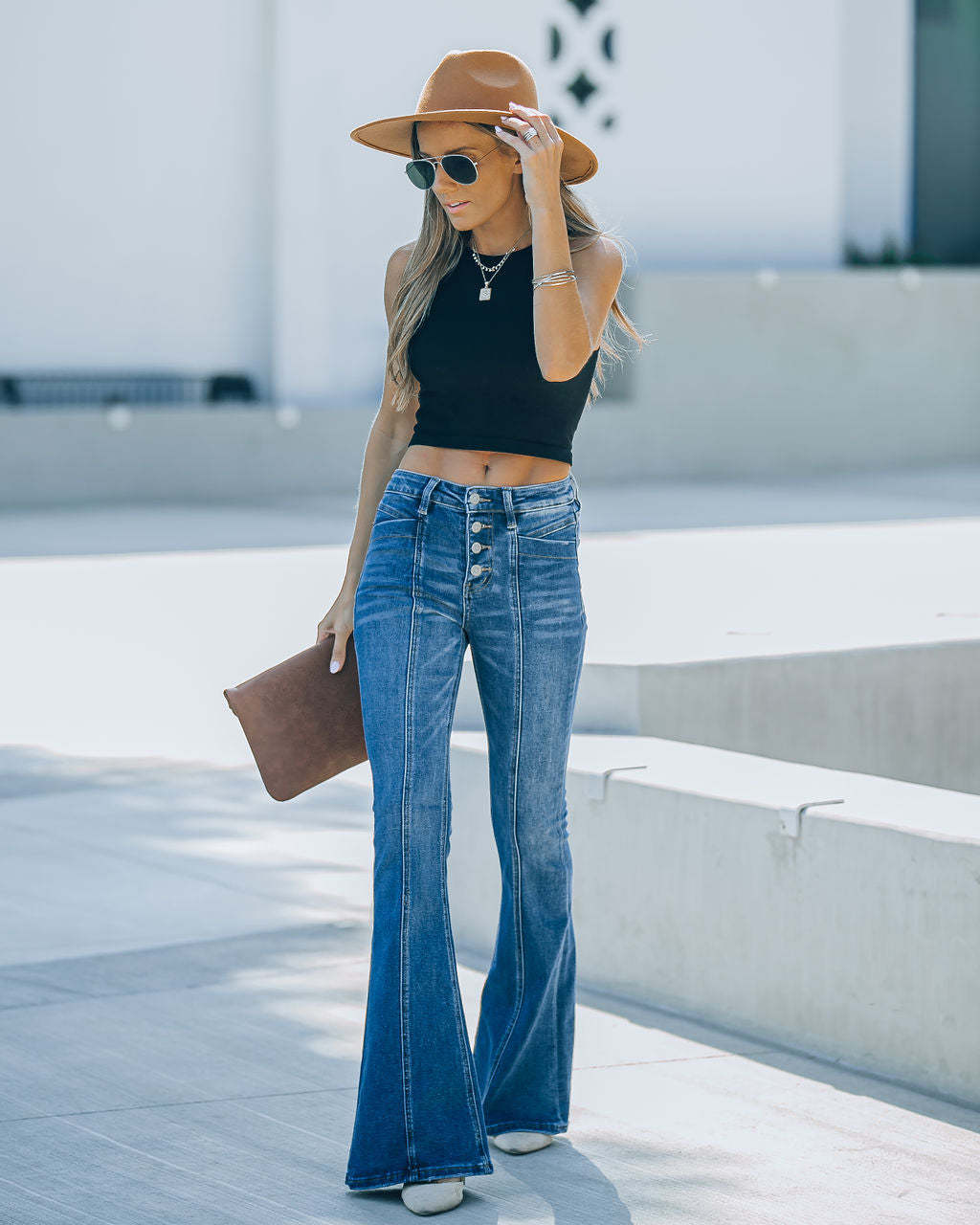 Jean Slim évasé Taille Mi-Haute Coupe Large