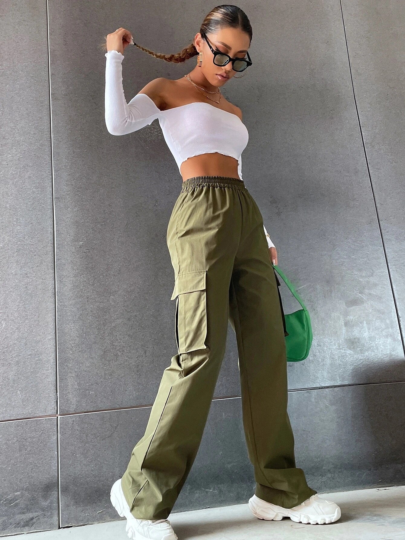 Pantalon Cargo Décontracté Taille Haute Coupe Large
