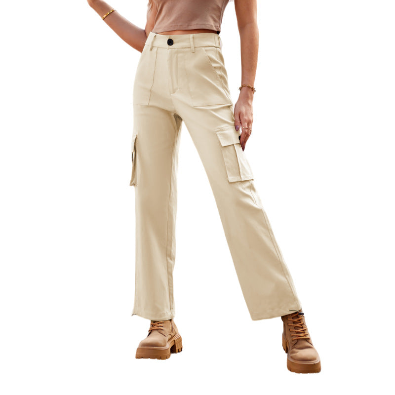 Pantalon Cargo Taille Haute à Revers Coupe Large