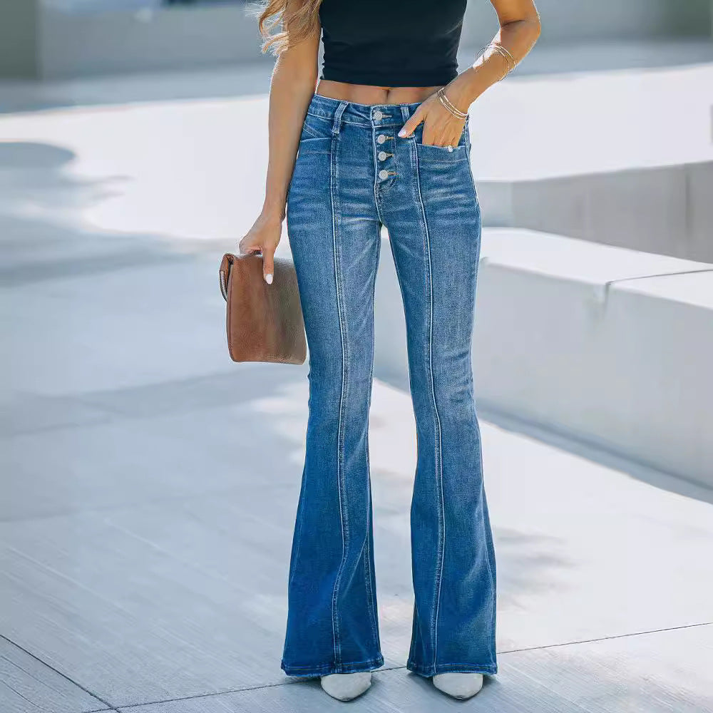 Jean Slim évasé Taille Mi-Haute Coupe Large