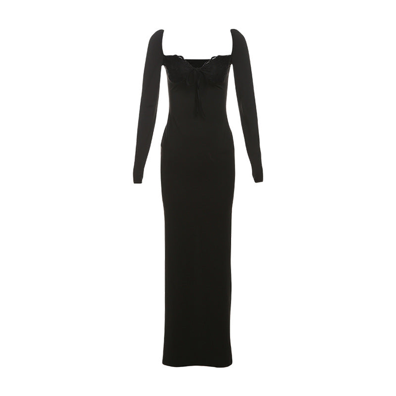 Robe à Manches Longues & Col en V en dentelle - Amira Paris