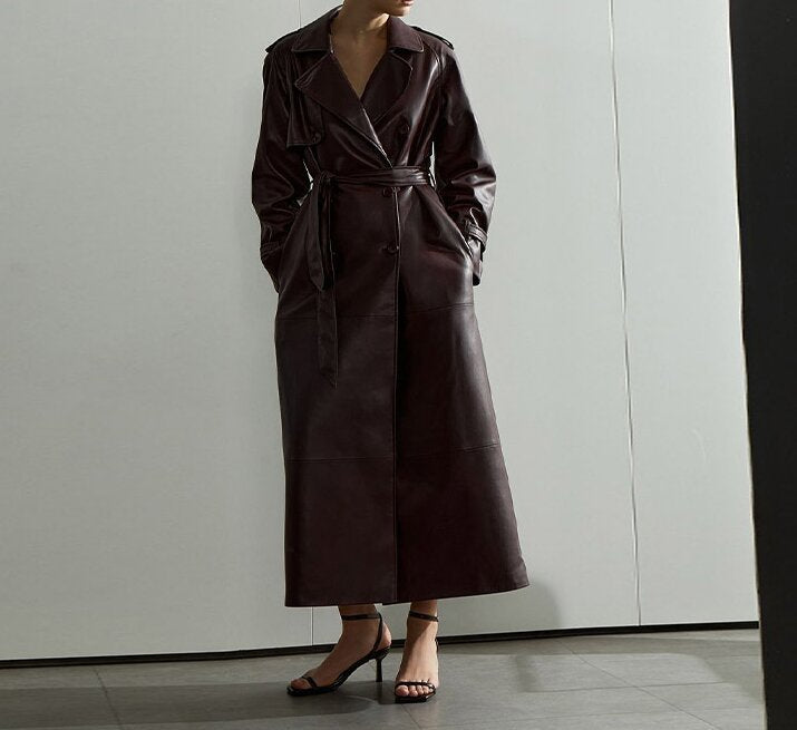 Manteau Long en Cuir rouge - Amira Paris