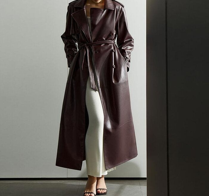 Manteau Long en Cuir rouge - Amira Paris