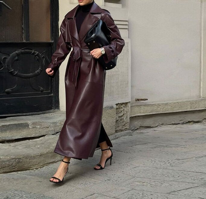 Manteau Long en Cuir rouge - Amira Paris